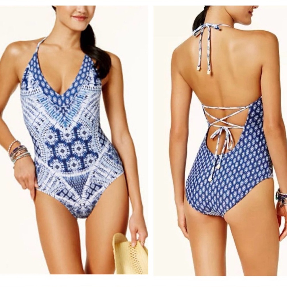 Jessica Simpson Bondi Tie Back Halter Swimsuit Size Large